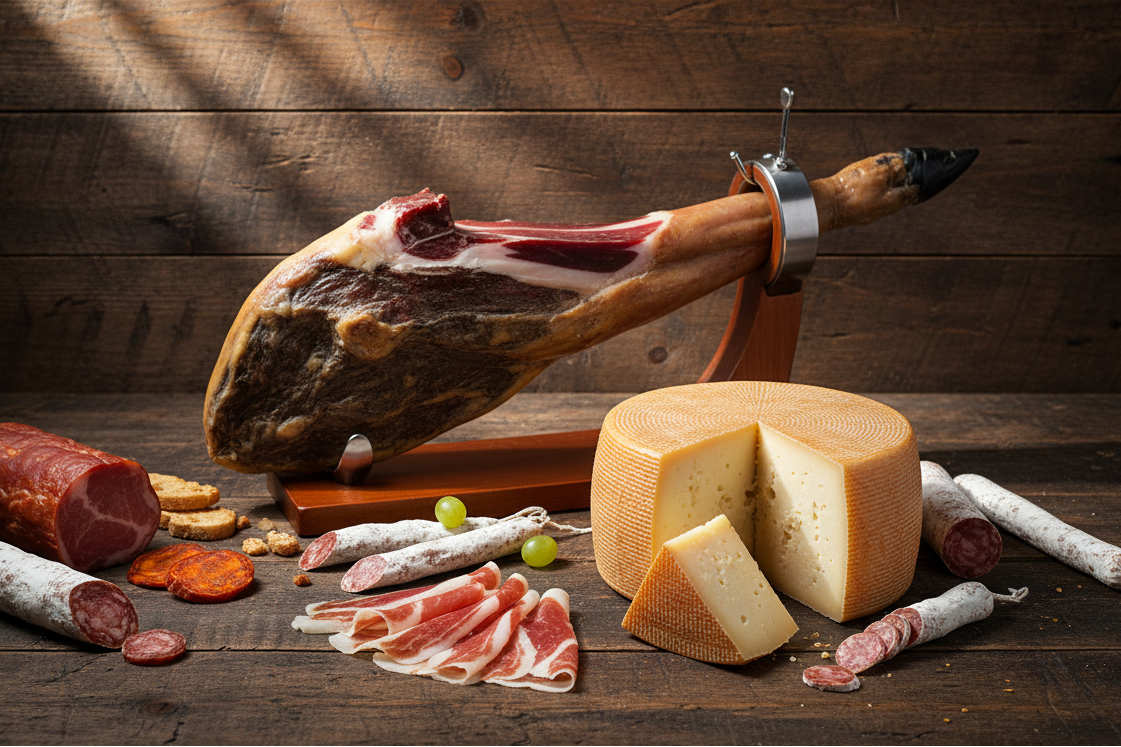 A rustic wooden background featuring premium Spanish cured meats and cheese, styled for a gourmet website hero banner. Include a whole jamón leg (jamón ibérico) with a few thin slices cut to show the marbled texture, one slice of lomo, one slice of chorizo, and a full round of Spanish cheese (queso manchego) with a small wedge cut out to reveal the inside. Add a few slices of fuet and morcilla for extra authenticity. Arrange everything elegantly on a dark wooden table with warm, natural lighting, soft shado