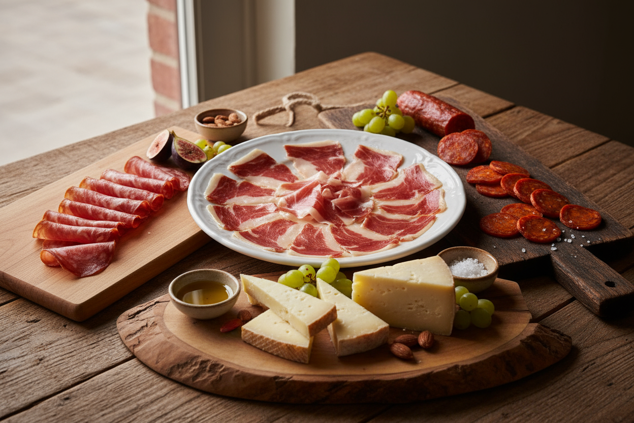 jamon sliced in a plate, lomo sliced too on a wooden board, chorizo sliced on a wooden board, cheese manchengo too sliced, make it realistic and add a wooden background 